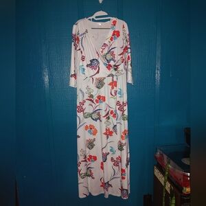 Floral V-Neck Maxi Dress - White with Multicolor Accents XL